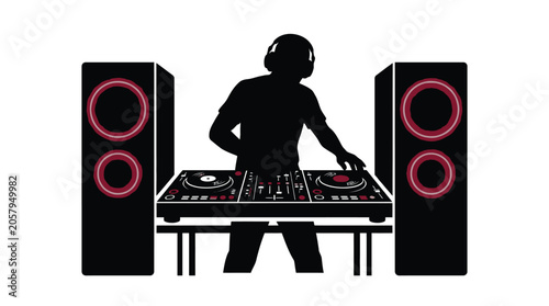 Photos DJ silhouette playing music on a mixing console with large glowing red speakers