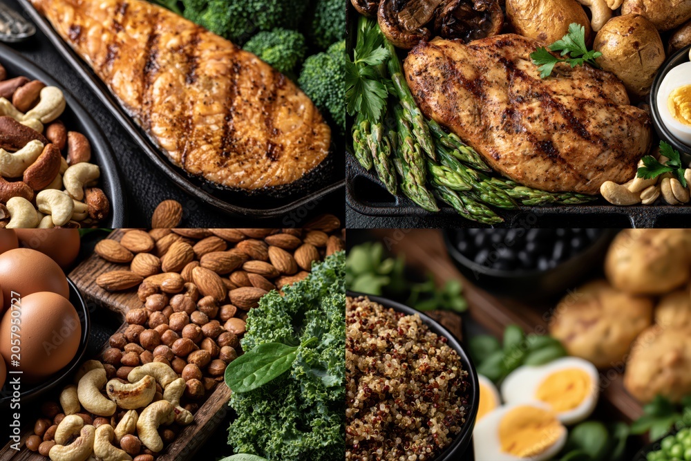 Fototapeta premium Collage of healthy protein-rich foods including grilled salmon, chicken breast, nuts, eggs, and vegetables for a balanced diet.