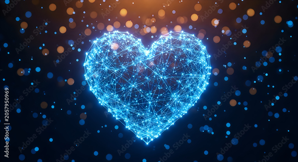 Obraz premium Glowing blue heart shape with sparkling light particles on dark background 
