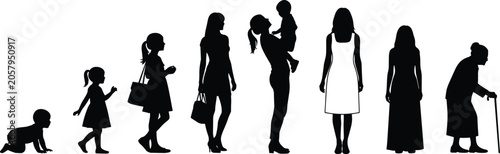 Tableau sur toile Silhouette sequence of female life stages from infancy to old age, black vector