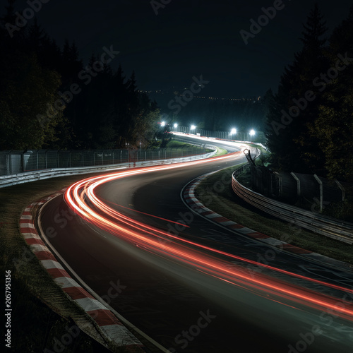 Rennstrecke bei Nacht mit Lichtspuren vorbeifahrender Fahrzeuge. Dynamisches Motorsport-Motiv für Langstreckenrennen, Geschwindigkeit, Ausdauer, Racing und Performance. Echtfoto.