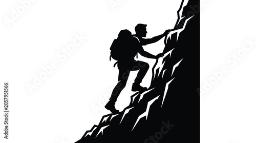 Obraz na płótnie Mountain climber silhouette scaling a steep rocky cliff face representing busine