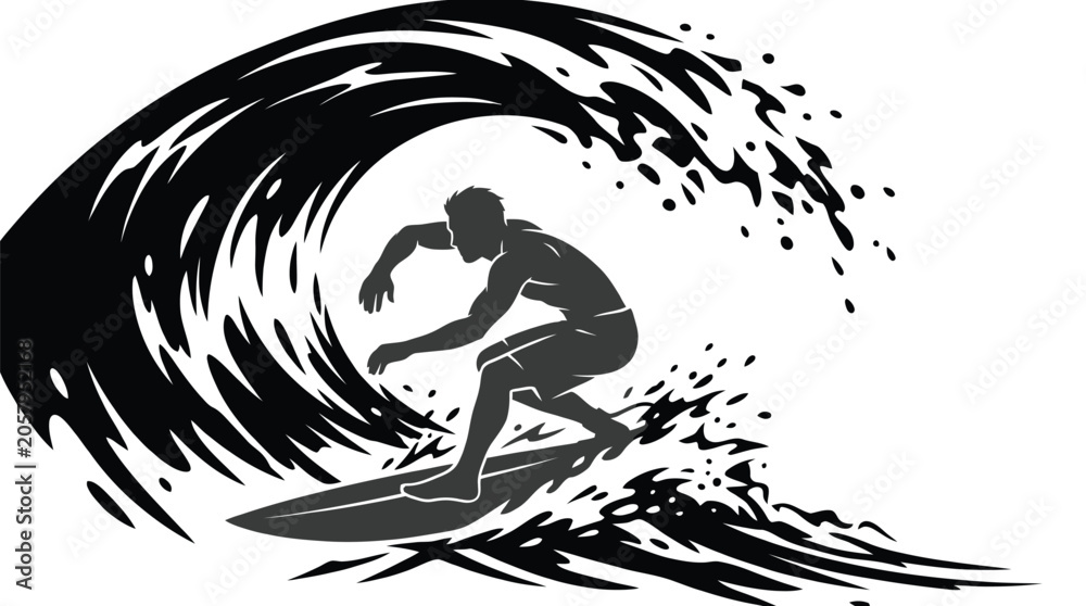 Fototapeta premium Surfer riding a large ocean wave in a black and white stylized vector illustration design