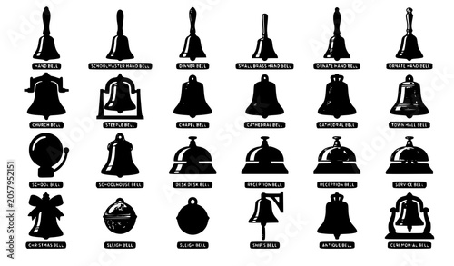 Konstfotografi Bell Collection Vector Set with Hand Church School and Decorative Bell Designs