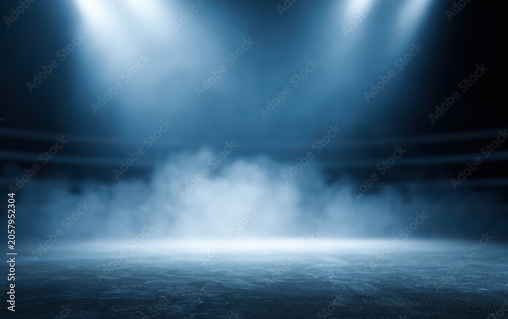 Fototapeta premium A cinematic boxing arena filled with smoke, spotlight beams and dramatic athletic intensity