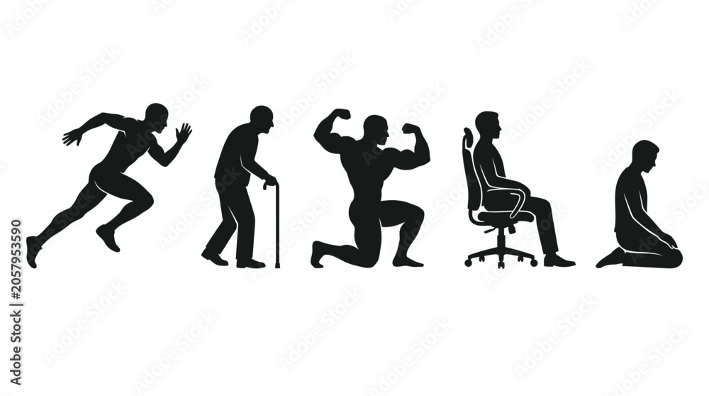 Obraz premium Human silhouettes showing different life stages and physical conditions in a simple black vector graphic style