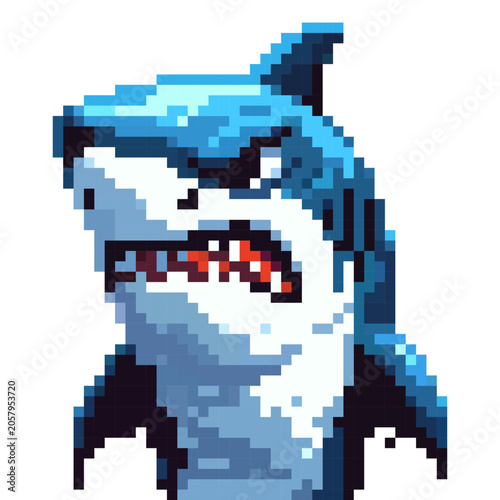A shark character stands with a strong expression. The design is in pixel art style. The color scheme includes shades of blue and white. The background remains plain and uncluttered