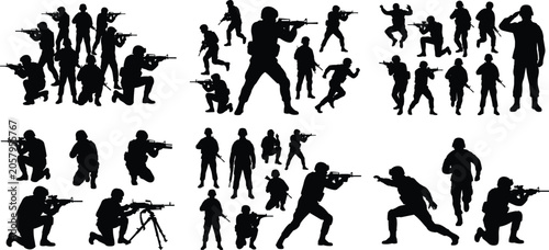 Photos Military soldiers silhouettes set featuring army infantrymen shooting rifles sal