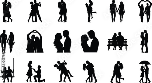 Quadro su tela Romantic couple silhouettes set featuring lovers kissing dancing holding hands p
