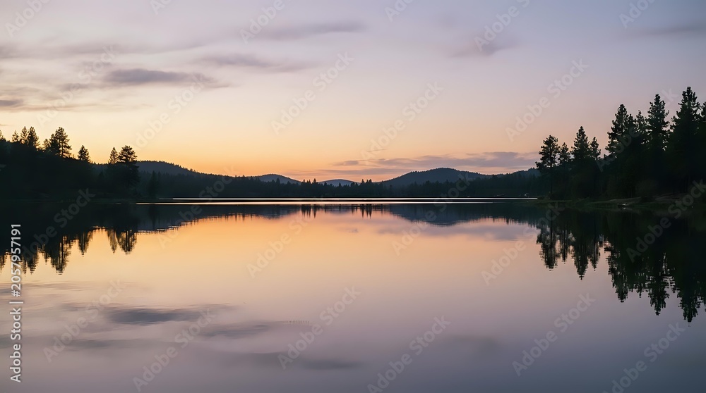 Fototapeta premium Serene lake at sunrise with forested mountains reflected in calm water, golden light illuminating sky and landscape for nature and travel backgrounds.
