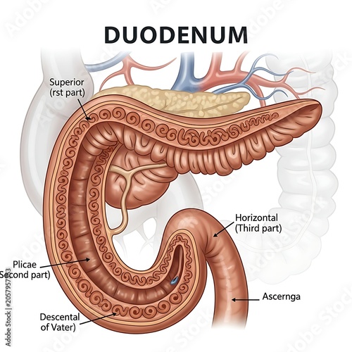 Detailed anatomical diagram of the human duodenum parts.