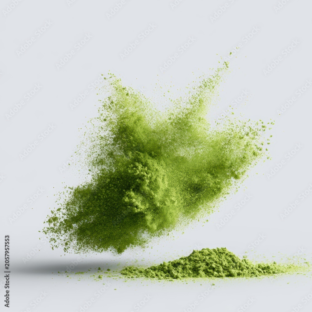 Fototapeta premium Fresh matcha powder explosion, Japanese tea aesthetic, vibrant green particles