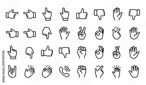 Hand Gesture Outline Vector Icon Set with Pointing Fingers Victory Sign and Communication Symbols