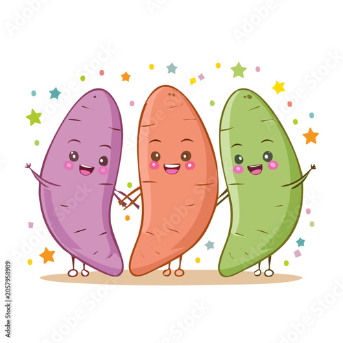 Three cute cartoon animals with confetti