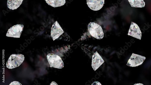 Bright Diamonds Falling with Slight Rotation Against a Black Background. 4K