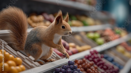 Squirrel running a miniature grocery store and arranging fresh fruit on shelves in a bright and playful retail setting.