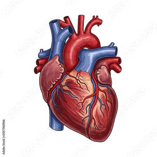Detailed 3D rendering of human heart anatomy cross section.