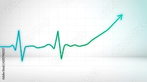 Heartbeat pulse line turning into rising upward arrow on white grid background