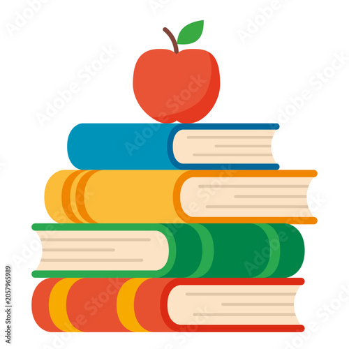 Stacked Books With a Red Apple on Top Near a White Background Showcasing Lear...