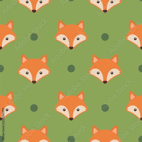 Colorful Pattern of Foxes on Green Background With Simple Dots in Between