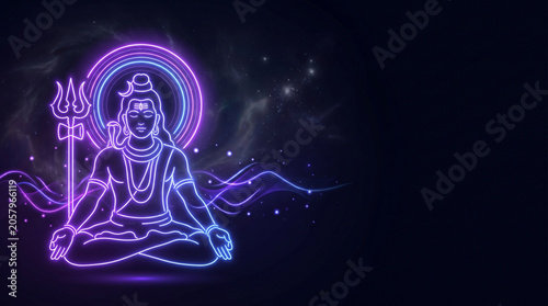 Konstfotografi Glowing Lord Shiva neon meditation artwork with spiritual cosmic background for