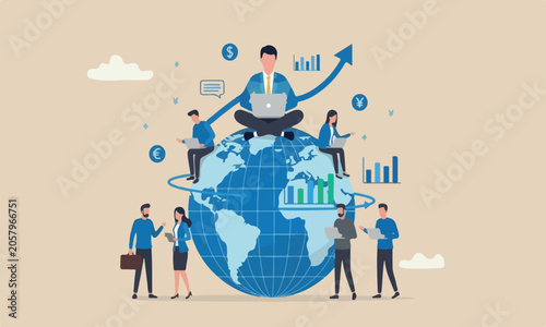 Global stoc international investment, financial analysis or earning growth, stock trading concept, smart businessman investor trading on laptop on the globe with financial graph