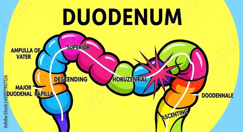 Anatomy diagram of human duodenum with labeled parts.