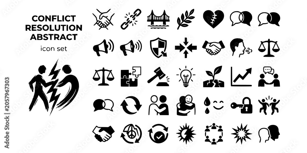 Fototapeta premium Conflict Resolution Abstract Black White-Opposing Force Tension Release Energy-Healing Vector-Resolve Icon Abstract-Human Interaction Design Set