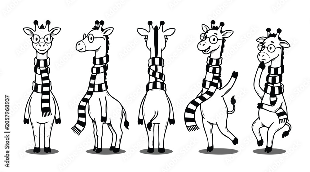 Naklejka premium Set of Cartoon Giraffes with Glasses and Scarves in Various Poses