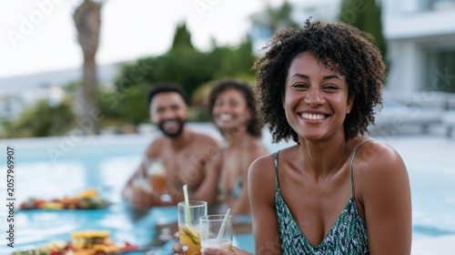 Group of friends enjoying tropical drinks by a swimming pool, with a platter of fresh fruit and palm trees in the background during a summer vacation
