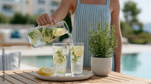 Refreshing summer beverage preparation with a woman pouring lemon-infused water into glasses on a wooden table beside a potted herb plant by a swimming pool