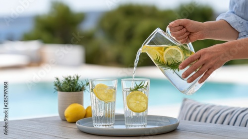 Refreshing summer beverage being poured from a glass pitcher into two tall glasses with lemon slices, a serene poolside setting in the background