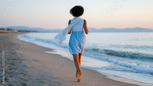 Woman in light blue dress walks barefoot along sandy beach at sunset, gentle waves lapping at shore with distant mountains visible on the horizon