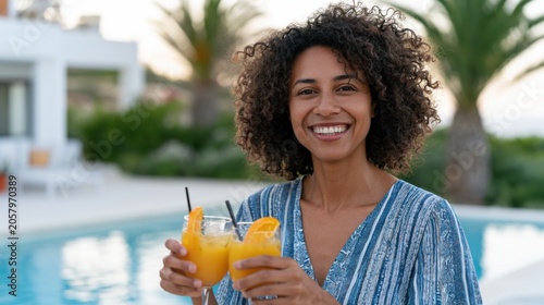 Woman with curly hair holding two glasses of orange juice by a swimming pool surrounded by palm trees in a sunny summer vacation setting