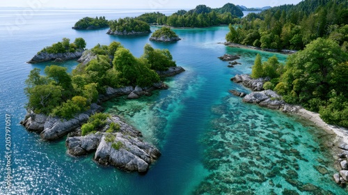 Aerial view of lush green islands surrounded by clear turquoise waters, showcasing rocky shorelines and vibrant vegetation in a serene summer landscape