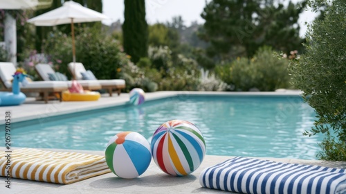 Colorful beach balls resting on a poolside with striped towels, sun loungers, and lush greenery surrounding a clear blue swimming pool in a summer vacation setting