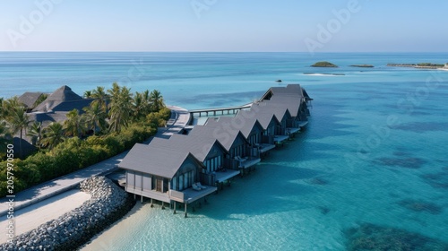 Luxurious overwater bungalows with modern architecture situated on clear turquoise waters surrounded by lush tropical vegetation in a serene tropical paradise