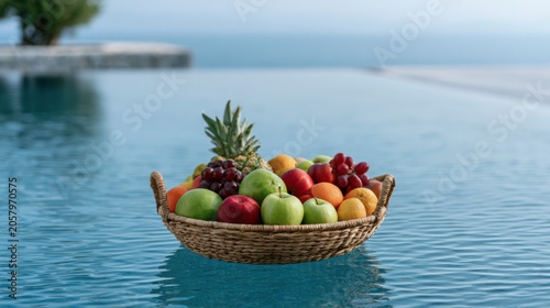 Fresh assorted fruits in a woven basket floating on a tranquil swimming pool with a scenic view of the ocean and clear blue sky in the background