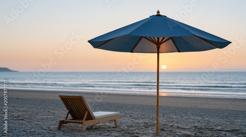 Wooden beach lounge chair under a large blue umbrella on sandy shore at sunset with calm ocean waves and distant hills visible in the background