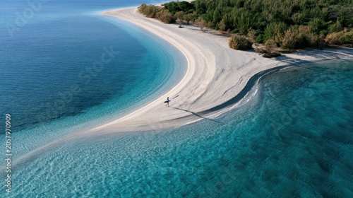 Aerial view of a serene tropical beach with a lone figure standing on a sandy shore, surrounded by clear turquoise waters and lush green vegetation in the background