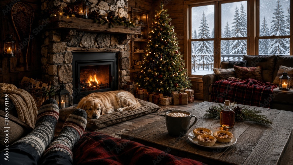 Fototapeta premium Golden Retriever vor Kamin und Weihnachtsbaum in gemütlicher kanadischer Blockhütte im Winter