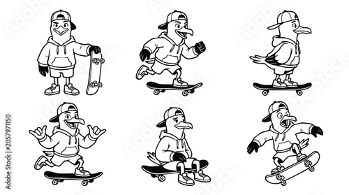Cartoon Skateboarder Seagull Mascot Bundle Line Art Vector