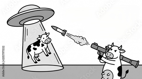 Funny minimalist concept illustration with a cow using a rocket launcher to save another cow being abducted by a UFO spaceship