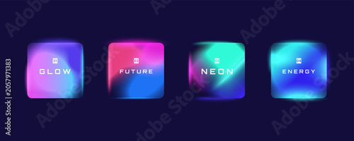 Set of futuristic glowing square banners with neon gradient lighting effects on dark background. Abstract holographic UI elements. Ideal for presentations, web banner, poster, interfaces, text boxes.