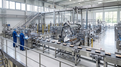 Two male workers in blue uniforms observing an automated production line in a modern industrial facility.