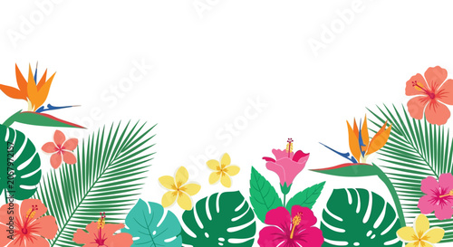 Tropical Floral Border with Exotic Flowers and Palm Leaves