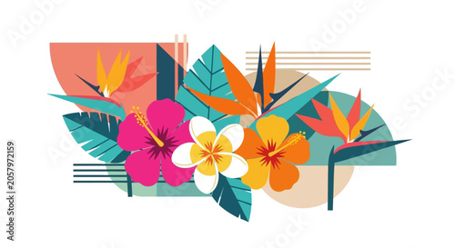 Tropical Flowers Composition: Hibiscus, Plumeria, Bird of Paradise, Flat Design