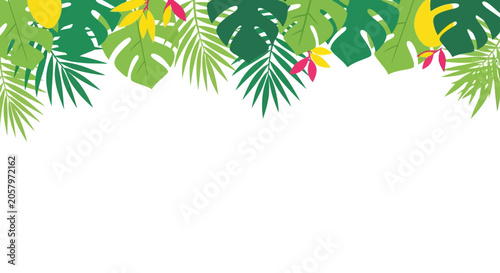 Tropical Leaves Border - Exotic Jungle Foliage with Vibrant Flowers