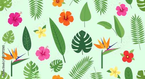 Tropical Leaves and Flowers Seamless Pattern, Exotic Floral Background