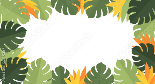Tropical Leaves Border Frame with Exotic Flowers, Summer Vacation Design Element